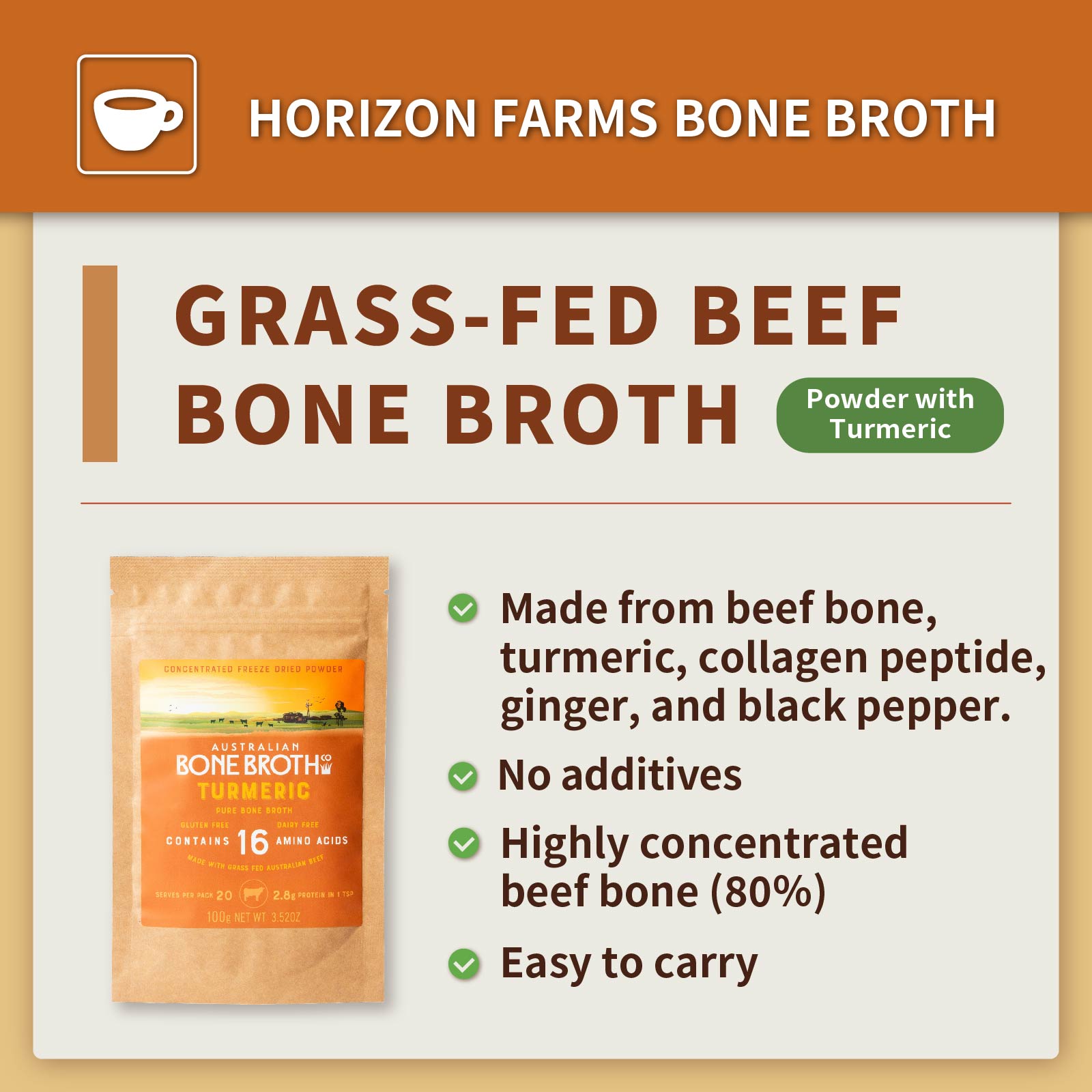 All-Natural Grass-Fed Beef Bone Broth Powder with Turmeric (100g/20 Servings) - Horizon Farms