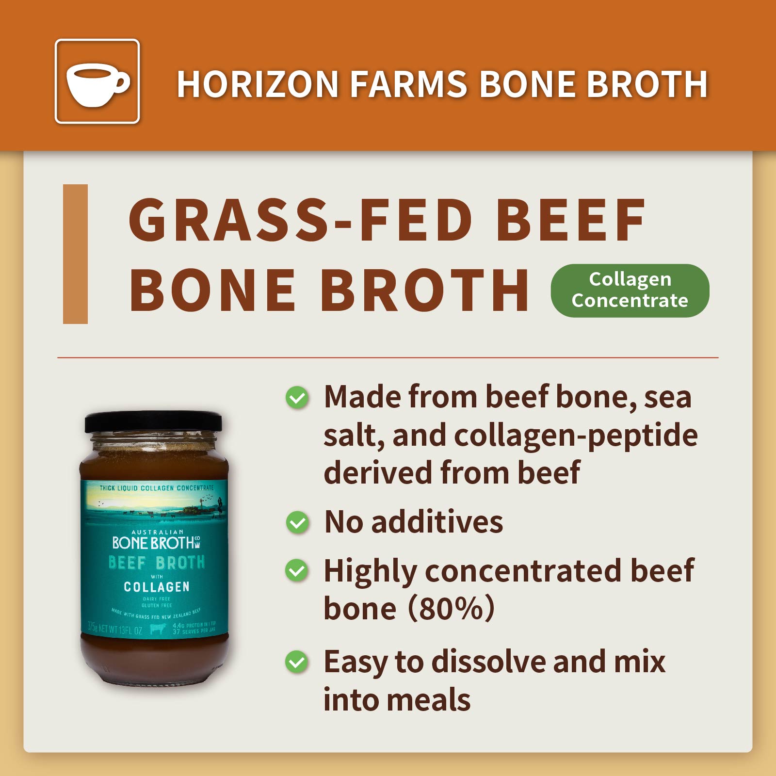 All-Natural Grass-Fed Beef Bone Broth Concentrate with Collagen (390g/39 Servings) - Horizon Farms