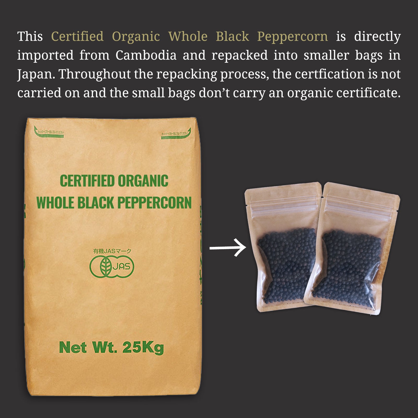 Organic Whole Black Peppercorn from Cambodia (50g x 2) - Horizon Farms