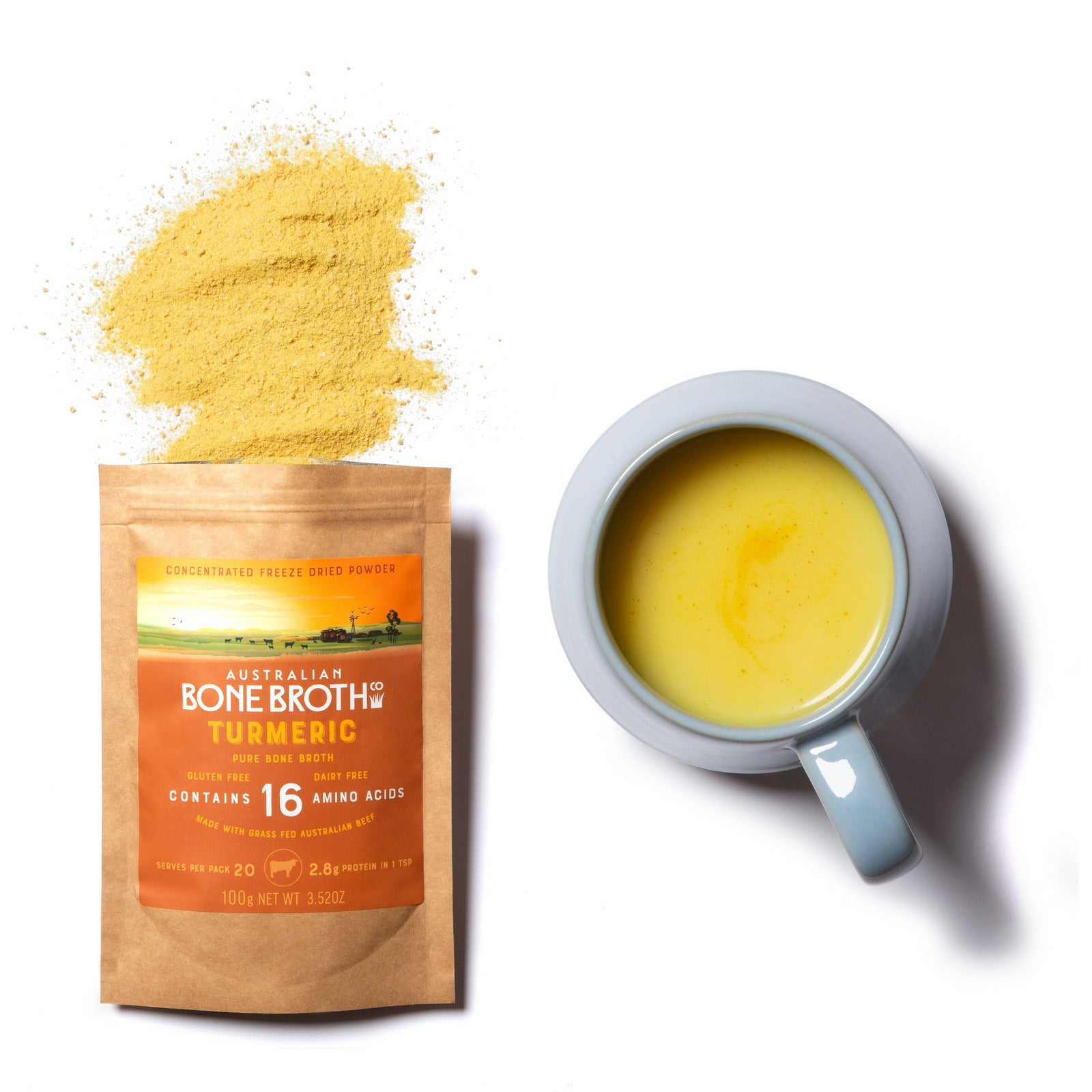 All-Natural Grass-Fed Beef Bone Broth Powder with Turmeric (100g/20 Servings) - Horizon Farms