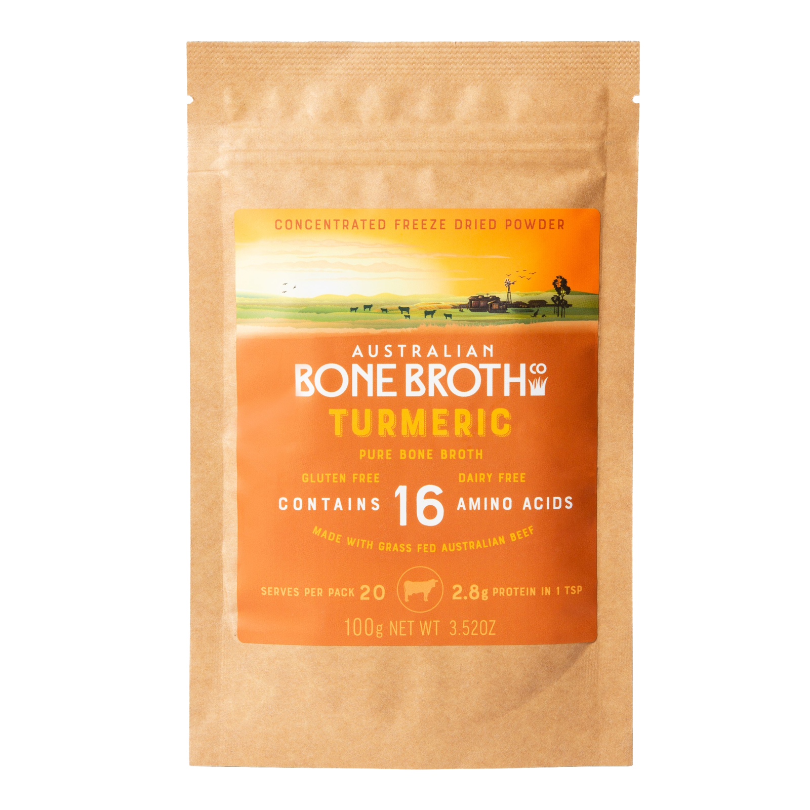 All-Natural Grass-Fed Beef Bone Broth Powder with Turmeric (100g/20 Servings) - Horizon Farms